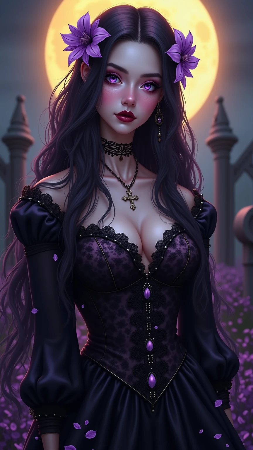 photo of celebrity, RAW, beautiful woman, ((portrait)), ((detailed face, colorful rainbow hair:1.2)), ((detailed facial feature, detailed skin, clear skin, parted lips), (perfect proportioned body, medium breasts, cleavage), (wearing Flowing Black Dress, ghost-like presence, gothic fashion, lace and velvet, pale skin, dark makeup: 1.5)), (high detailed dark & spooky gardens,The garden is filled with purple and black flowers: 1.3), (realistic photo, best quality, detailed), (8k wallpaper), (cinematic lighting, dramatic lighting) (sharp focus, intricate)