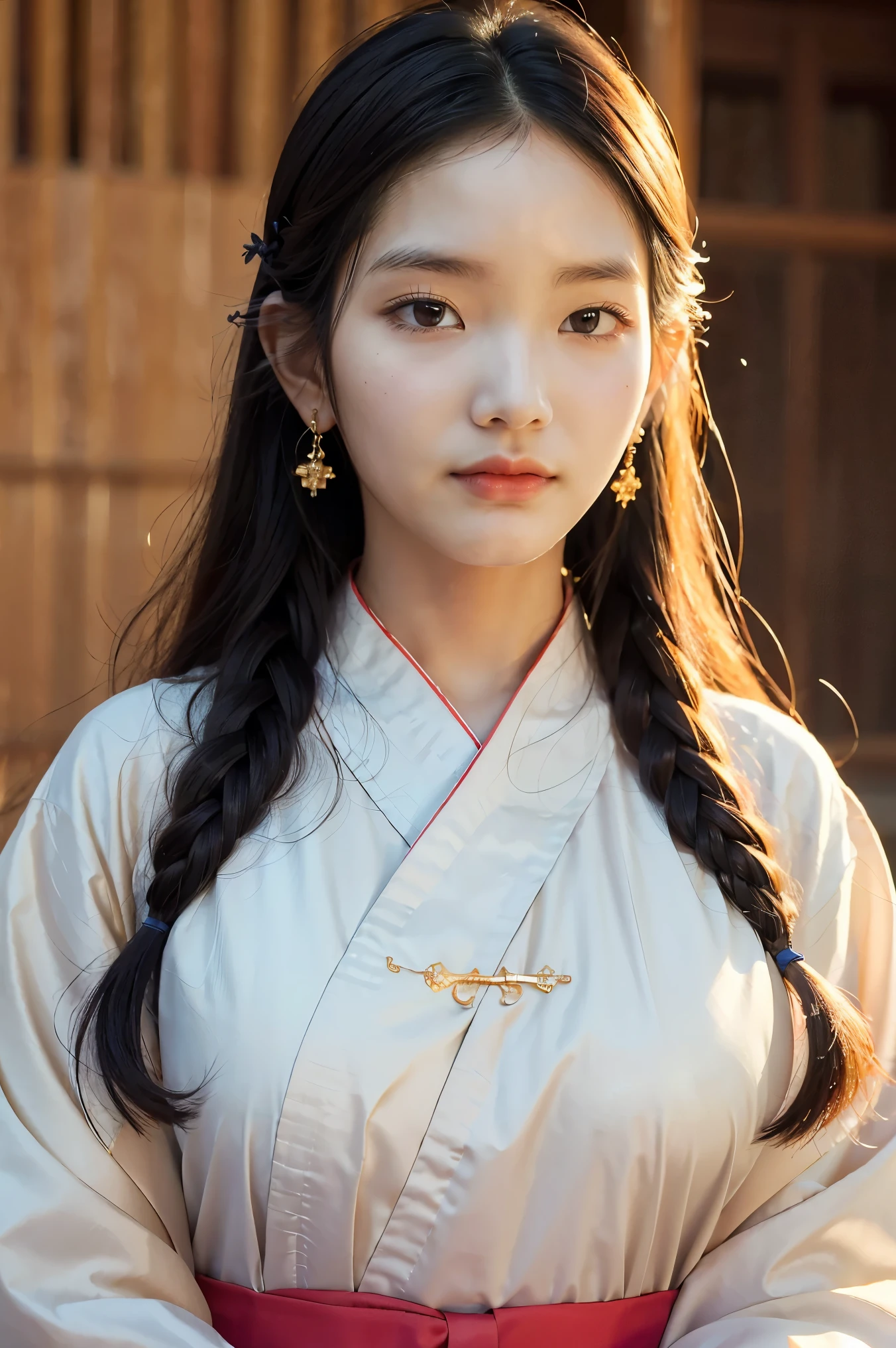 1girl, (masterpiece), (best quality), high quality, high res, (raw photo), (realistic, photorealistic:1.3), perfect body, kpop idol, upper body, hanbok, Korean clothes, huge breasts, detailed facial features, beautiful eyes, long eyelashes, elegant makeup, flowing hair, intricate jewelry, soft lighting, warm color tones