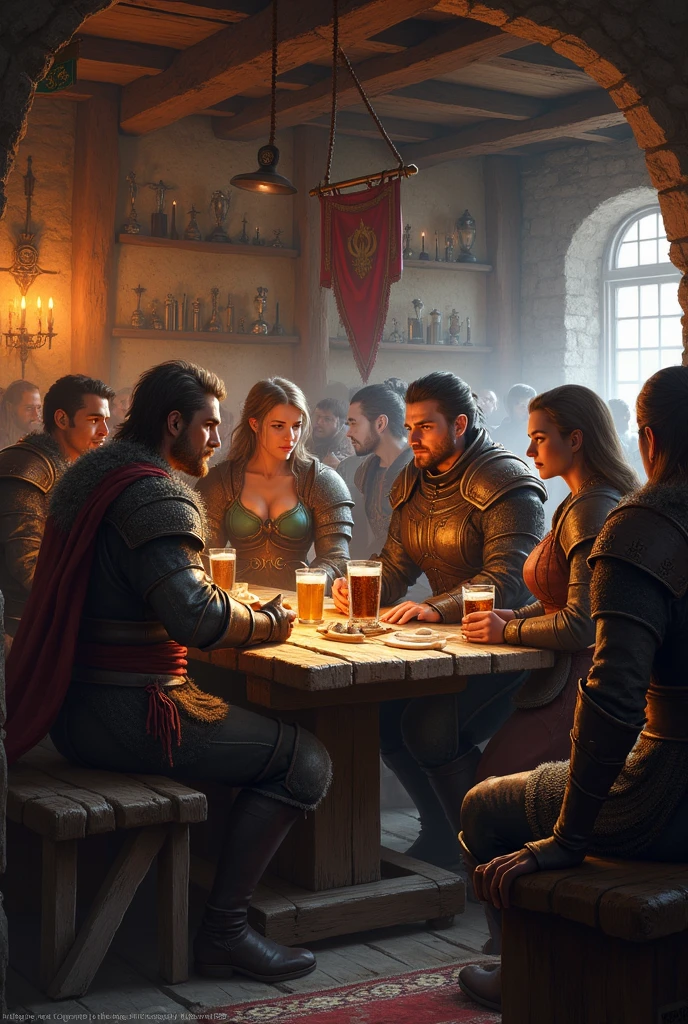 dungeon adventurers sitting around a table, arguing over the treasure. paladin, wizard, thief, sorceress. cinematic volumetric light. highly detailed faces, eyes, hair.