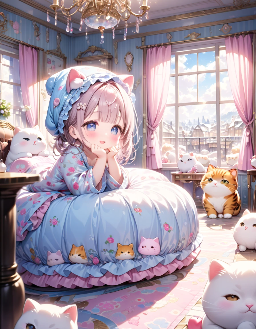 (masterpiece), (ultra-detailed, best quality, clear focus, dramatic scene, cinematic), shadow, (ultra-high resolution), (8k), perfect anatomy, perfect face, (detailed face), (detailed eyes), (chibi:1.2), cute Japanese chibi girl, famous Japanese chibi idol, very beautiful and cute and cool face, (wearing a cute room wear:1.2), nightcap, (large breasts), pastel colored, (She is waking up on the cute patterned bed at the stylish bedroom:1.2), (she is looking at window:1.3), stylish table and chair with cute furnishings, window with curtain, cute decorated room, she is showing smile, dynamic angle, (she is surrounded by a huge number of very cute large chubby cats that are mewing:1.2), professional lighting, (too many detailed cute cats:1.3), they looks so happy, very wide shot, (amazing view of snow covered old town)