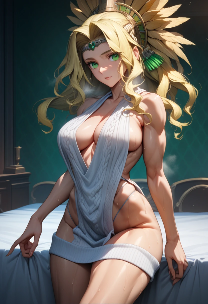 masterpiece,best quality,high resolution,8k,ultra HD,wallpaper,illustration,perfect face,cowboy shot,beautiful detailed eyes,extremely detailed face,perfect lighting,extremely detailed CG,perfect hands,perfect anatomy,perfect body,perfect hands,perfect fingers,1woman,full body,,muscle fighter body,blonde hair,green eyes,large breasts,Medium ass,,(white white virgin killer long sweater),thong,clothed,,collarbone,,looking at viewer, (),Steam,sweat,on the bed,(Fate Grand Order character Quetzalcoatl),