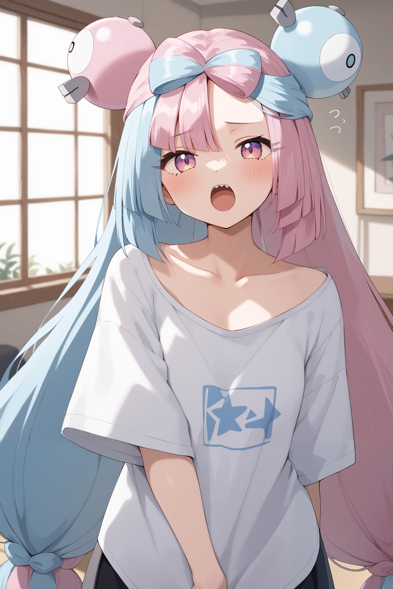 NSFW,masterpiece, top quality , high res, very detailed,Pokemon Iono、 blue hair、Bow-shaped hair、キャラクターの hair ornament、 hair ornament、 long hair、低く結んだ long hair、Multicolored Hair、 pink hair、 split color hair、 twin tails、 two-tone hair 、 pink eyes, oversized shirt,Baggy shirt, shoulder out,Long hem,sleepy,yawn, living room