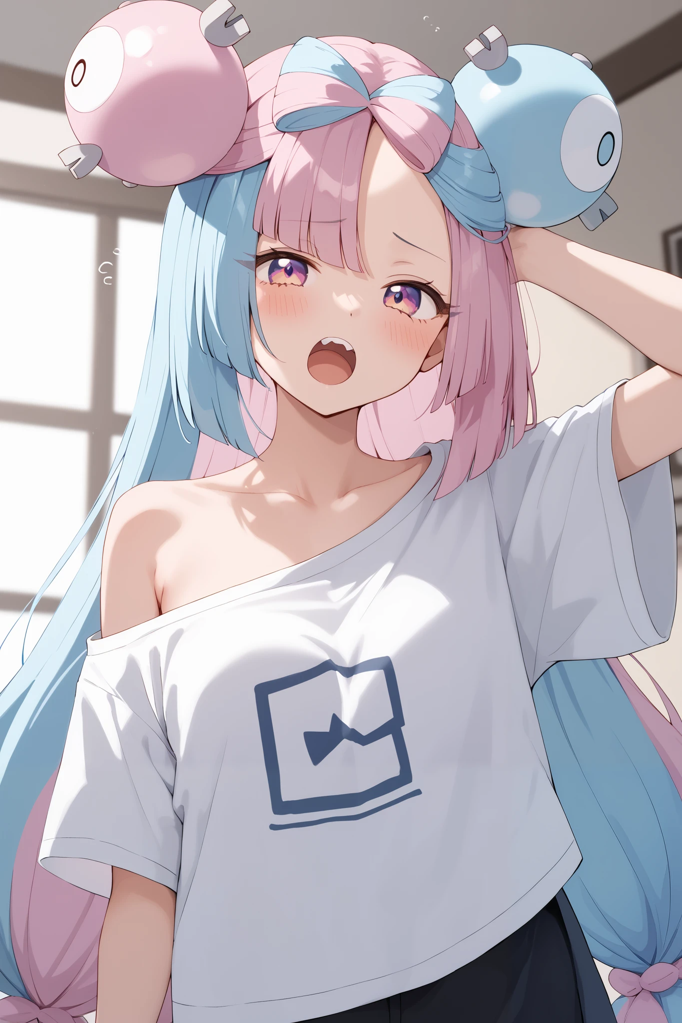 NSFW,masterpiece, top quality , high res, very detailed,Pokemon Iono、 blue hair、Bow-shaped hair、キャラクターの hair ornament、 hair ornament、 long hair、低く結んだ long hair、Multicolored Hair、 pink hair、 split color hair、 twin tails、 two-tone hair 、 pink eyes, oversized shirt,Baggy shirt, shoulder out,Long hem,sleepy,yawn, living room