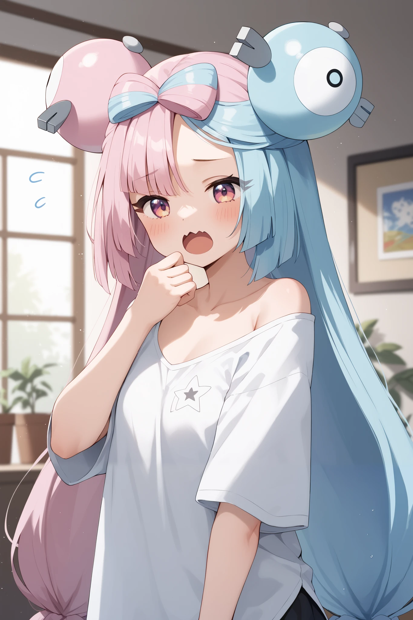 NSFW,masterpiece, top quality , high res, very detailed,Pokemon Iono、 blue hair、Bow-shaped hair、キャラクターの hair ornament、 hair ornament、 long hair、低く結んだ long hair、Multicolored Hair、 pink hair、 split color hair、 twin tails、 two-tone hair 、 pink eyes, oversized shirt,Baggy shirt, shoulder out,Long hem,sleepy,yawn, living room