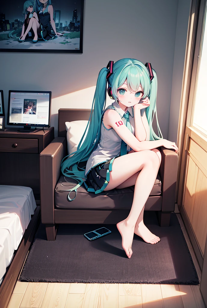 Several high-end devices in a room and Hatsune Miku sitting in that room..