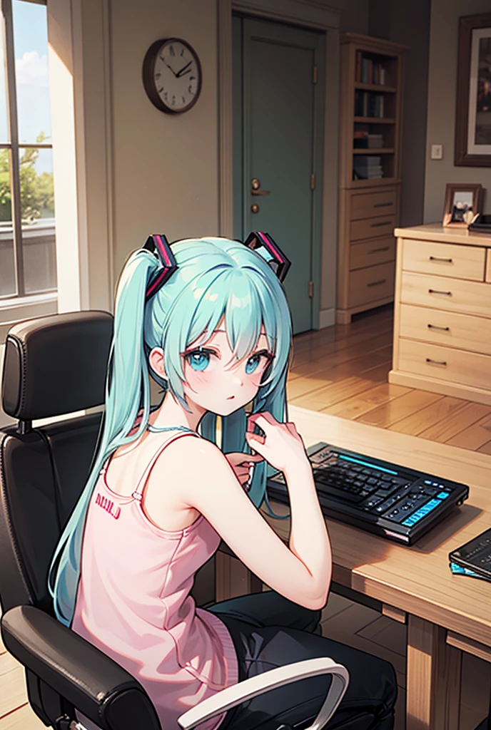 Several high-end devices in a room and Hatsune Miku sitting in that room..