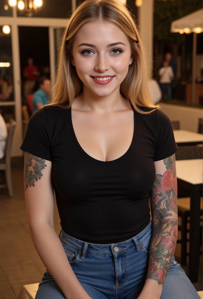 Extremely Photorealistic, HDR. Full body shot of a white woman who is 30 years old. Looks sweet and friendly. Cute, pretty, beautiful, "girl next door." 5'8" in height. Long wavy bleach blonde hair. Large roundegreen eyes, downturned. Hourglass figure, large hips, large G-cup breasts. Facial features are soft, feminine, delicate. Many brown freckles. Skin has a tan complexion. Round-shaped face. Wearing a black T-shirt with cleavage, blue jeans. Heavy eyeliner and mascara, red lipstick. Big smile, joyful. sitting at table at outdoor restaurant at night. NON-NUDE. Many colorful floral tattoos on her arms. 