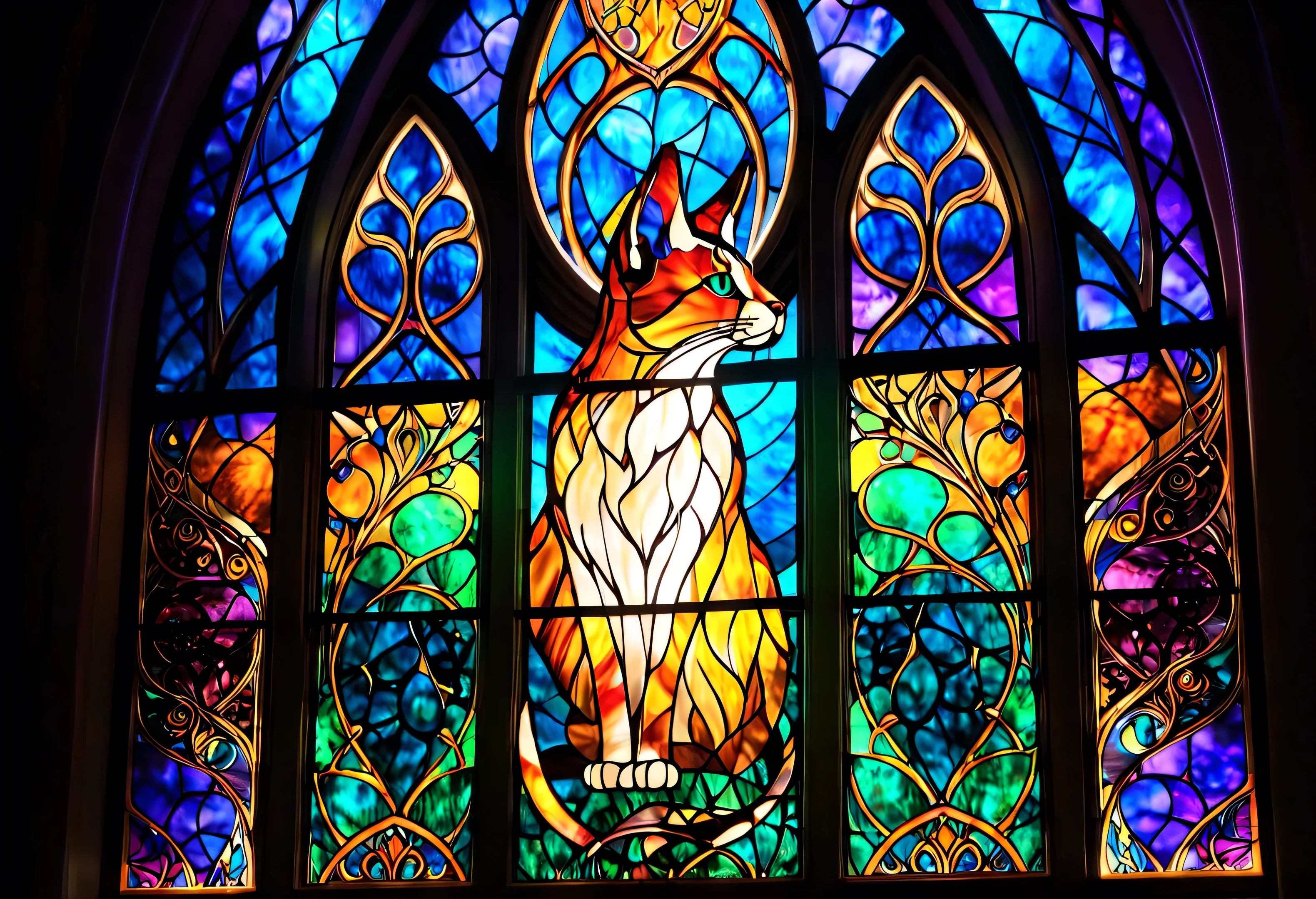 araffe silhouette of a cat in front of a stained glass window, backlit stained glass , gothic stained glass style, stained glass , stained glass art, stained glass , stained glass windows, mysterious cathedral window , stained glass window, beautiful stained glass window, stained glass !!, masterpiece stained glass , stained glass style, intricate stained glass , on a stained glass window