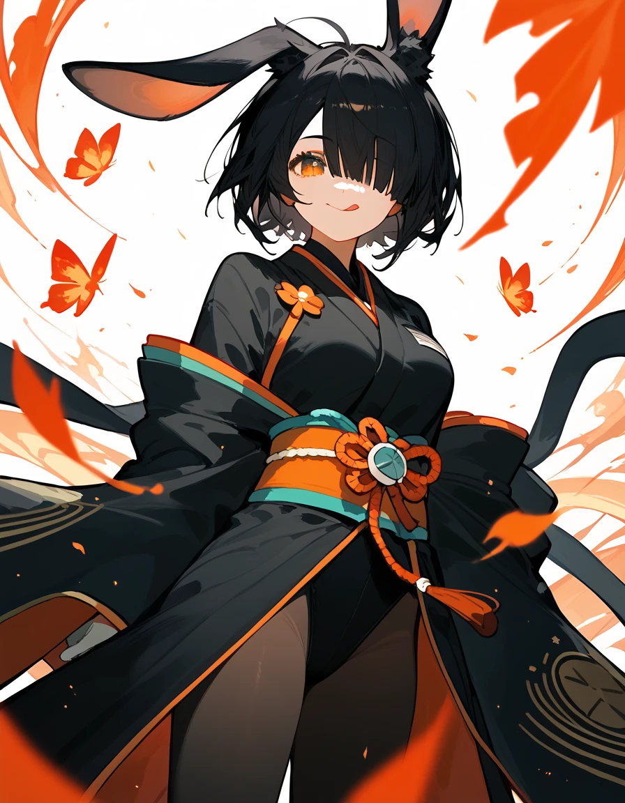 alone,Black Rabbit Girl ,In the orange eyes,Japanese archer,Long ears ,, closed one eye,Black suit, hair over eyes , black hair, Medium Page,smile,Japanese set ,kimono, wear gloves, medium breasts ,Short hair, tongue, black pantyhose,Starburst