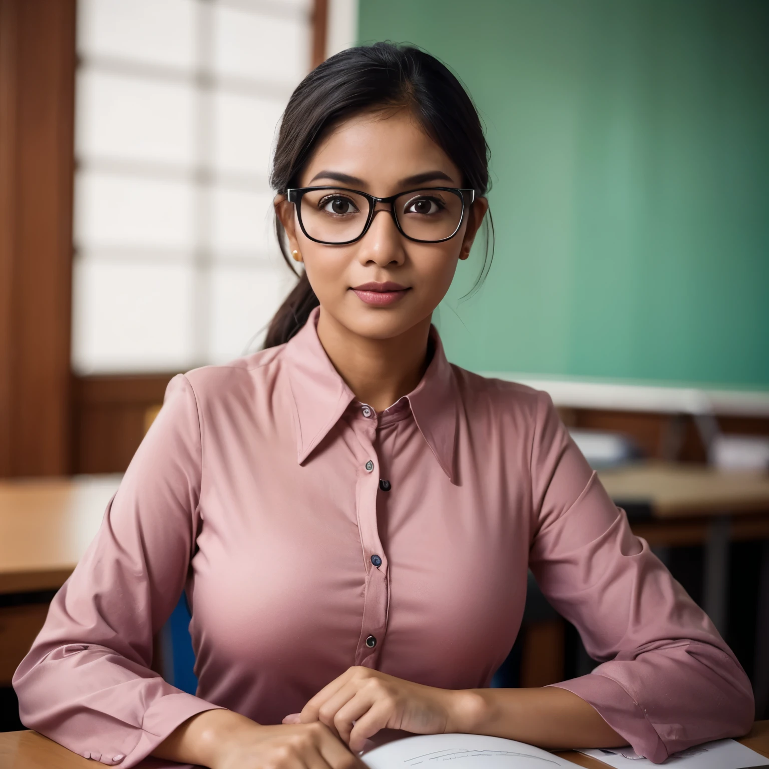 ((beautiful Nerd malaysia college Lecturer woman)), 45 Years old, Middle age woman, name mira filzah ((bLue eyes, Contact Lens)), ((wearing nerd eyewear, Black Long hair,modern baju kurung look rich,, unbuttoned baju Kurung)), calm,confident,happy,beautifull MILF Curvy body, White Skin Body,looking at viewer, sitting on desk in classroom, (photo, photorealistic:1.37), (ultrahigh-res), half body, walking pose, hyper detailed POV, by lee jeffries, nikon d850, film stock photograph ,4 kodak portra 400 ,camera f1.6 lens ,rich colors ,hyper realistic ,lifelike texture, dramatic lighting , cinestill 800, (huge breasts 1.3)