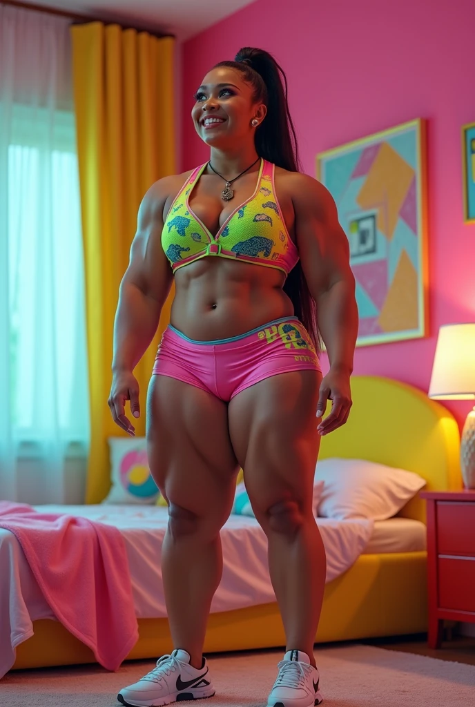 Dos muslos largos, ojos amarillos, pelo rubio, cabello corto, pechos grandes, mangas separadas, fondo muy blanco, Tiara real, capa larga, Bikini tigre amarillo, Tacones altos, manos en la cintura. Tatuaje rojo en el ombligo., MILF de cuerpo completo BIMBO, cara de sonrisa lujuriosa y sonriente (rubor rojo), hombros de metal, brazales dorados sin mangas, gargantilla negra