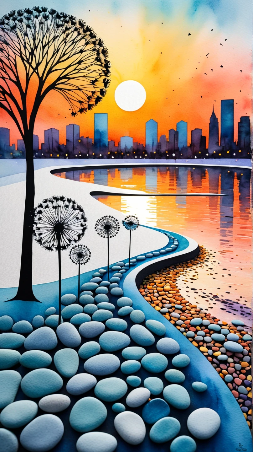 dandelions, sunset, city, winter, curved stains colors, relief pebbles art, multilayered watercolor, minimalism