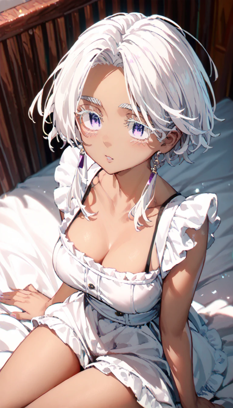  Dark-skinned girl with long white hair , violet eyes, with big bust, wearing a cute kawai maid costume and wearing a little long shit while listening to music while sitting on a bed , 