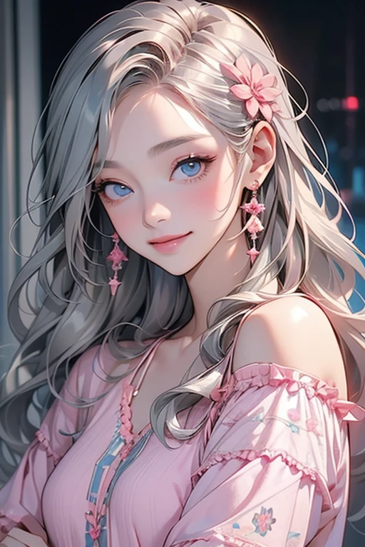 Foto, obra maestra, mejor calidad, happy beautiful girl, hermosa sonrisa,atuendo de primavera, cabello colorido, al aire libre, portada de revista, (revista : "Valeriux": 1.7), parte superior del cuerpo, luz de primavera