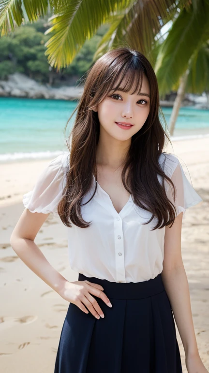 8k RAW写真, highest quality, masterpiece, ultra high resolution, 3D, realistic, 1 girl, Asian, black_hair, black_crew_collar, length_hair, nose, School_uniform, serafuku, natural skin texture, light brown_eye, detailed eyes and face, lips, lipstick, smile, beautiful feet, huge breastss, Beautiful seaside location, (detailed background), plaid skirt, white shirt, huge breasts, blurred background, short sleeve