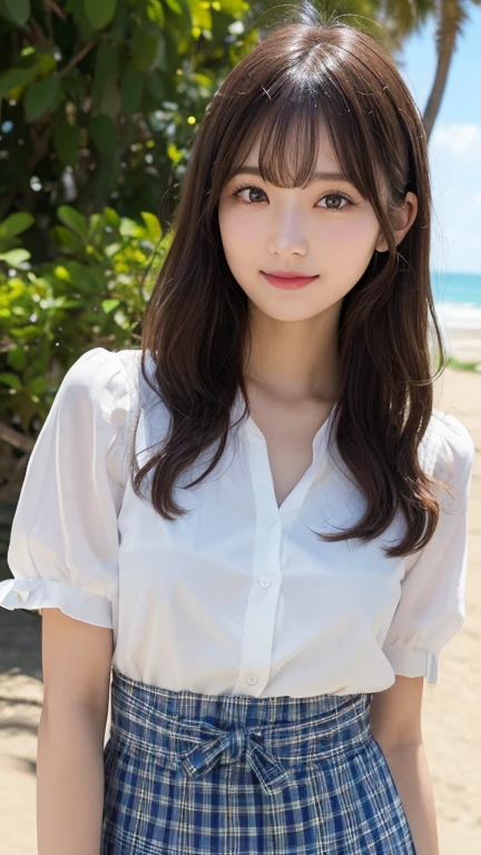Stand to the right、8K、Detailed Description、Very high definition、Realistic、reality的、Real、live-action、reality、High resolution、Nogizaka46、japanese idol,beautiful girl、21 years old、Dark brown eyes、sunny、summer、blue sky、Beautiful tropical beach view、Back view、look back、smile,closed mouth,cropped shirt,pleated skirt,forehead,silky hair,Straight Hair、light smile,closed mouth,arm behind back,Knee-up-top angle of view、Very black hair、pretty girl、Beauty、Glowing Skin、Glowing Skin、Shiny Hair、Hair blowing in the wind、Very white skin、Heavy makeup、Large Breasts、Slit eyes、Big Eyes、Dark brown eyes、Double eyelids、Don't show your teeth、Parting her bangs、Show your forehead、Put your hands behind your back