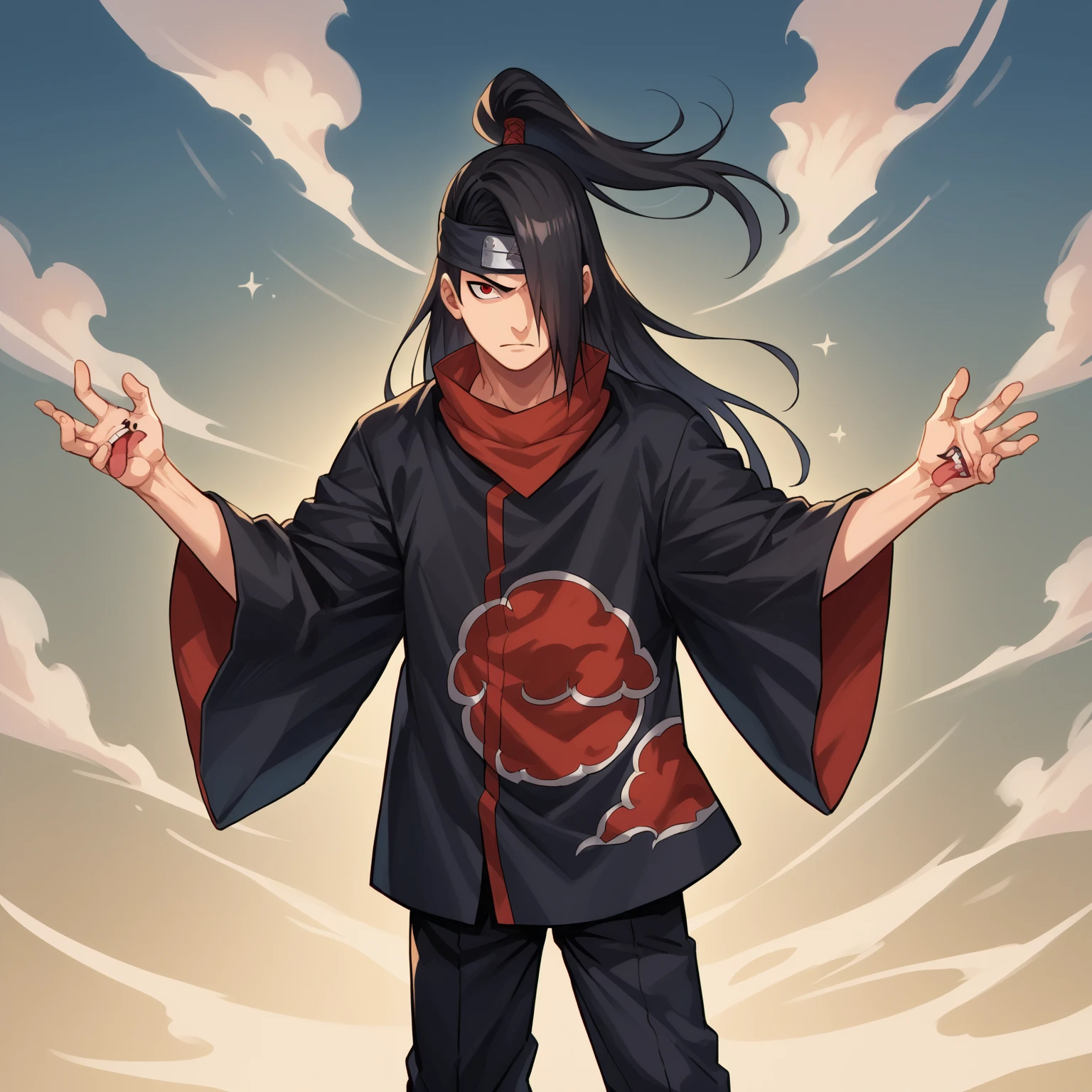 score_9, score_8_above, score_7_above, source_anime, 1 boy, Alone, deidara,  extra mouth ,  mouth and hand  ,  hair over one eye ,   long hair, ponytail, black hair color,  red eyes , sharingan,  black headband , bandana,  uniforme akatsuki, Black cloak, red cloud print, standing,  outdoor, anger 