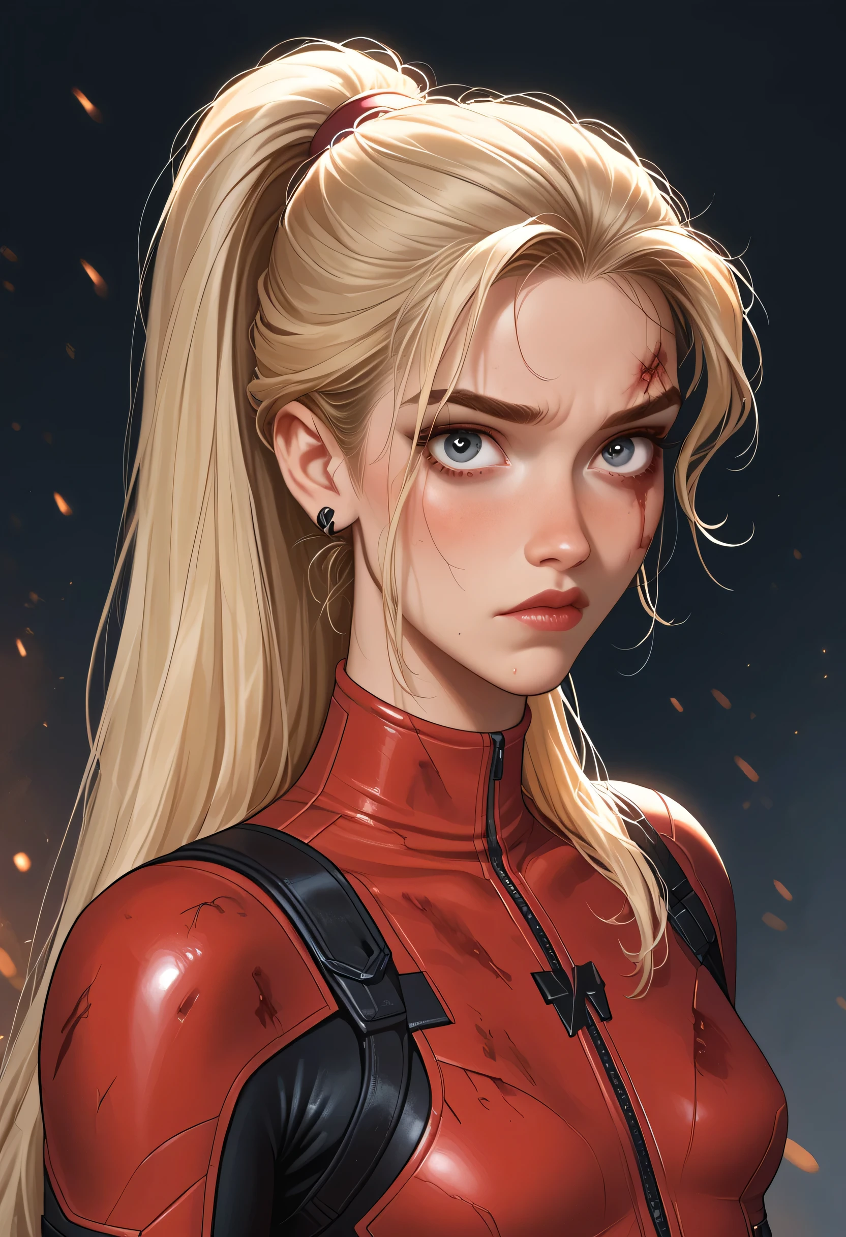 1girl, expression of pain, blood and wounds, dark hangar with fallen enemies, earrings, (small breast, ultra thin body:1.4), COMICS_LadyDeadpool_ownwaifu, looking at viewer, portrait. score_9, score_8_up, score_7_up. Disney Style. Lady Deadpool, blonde with hair in a long ponytail.