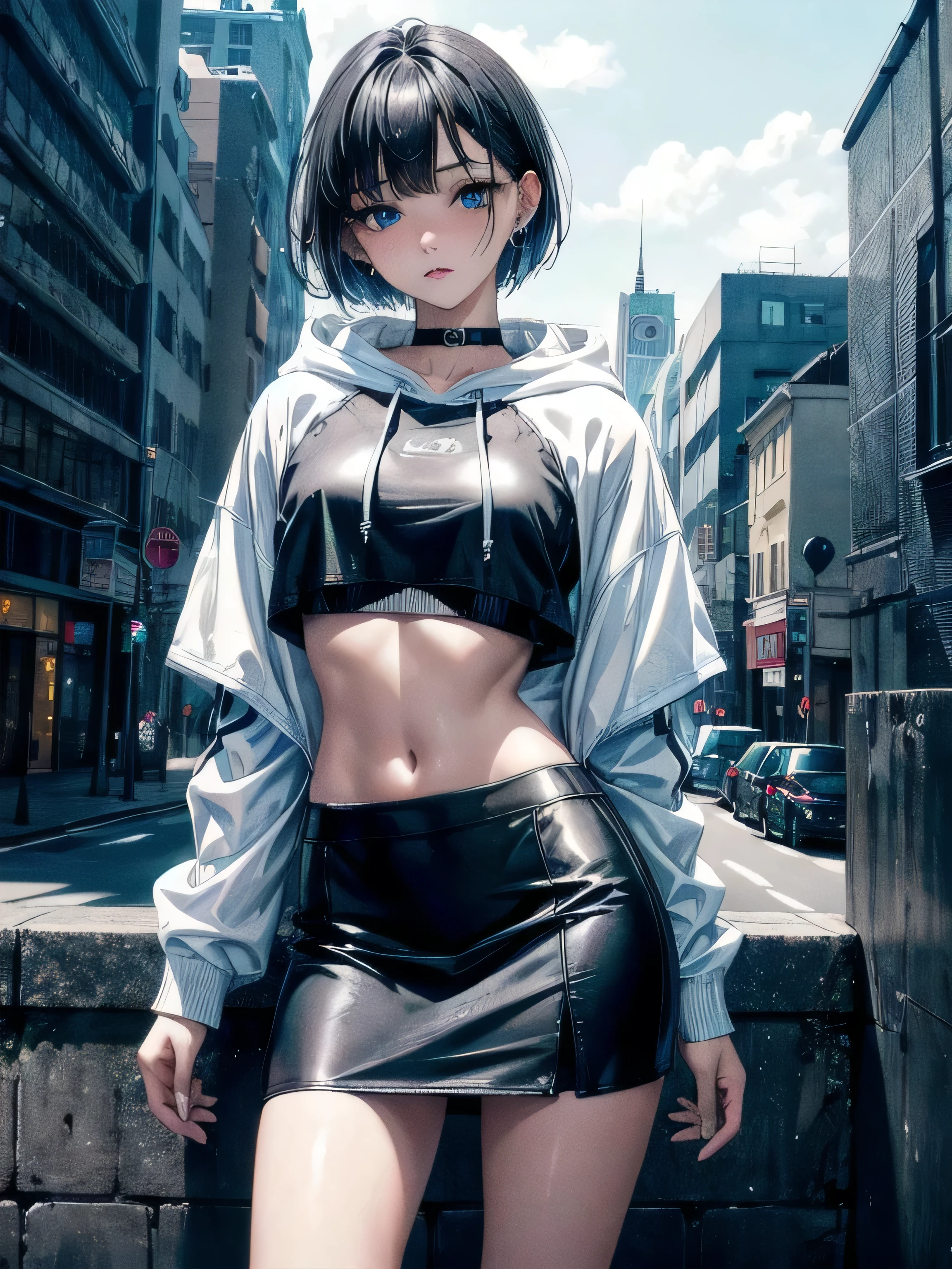(torn clothes), tank top shirt, skirt, rifle, absurdres, RAW photo, extremely delicate and beautiful, masterpiece, Best Quality, ultra high resolution, 32k, hyperrealistic, ultra-detailed, detailed description, pale skin, 20 years old, tearful mole, earring, short medium hair, wavy hair, whole body shot, ruined building,
