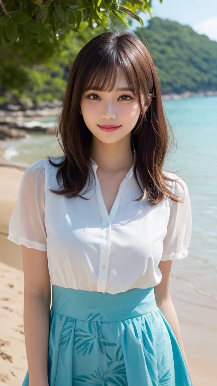 Color background、pubic hair、Large Breasts、Thighs、Red lipstick、(((Glaring)))、Curly Hair、Disheveled Hair、Cute woman、high school girl、White shirt with open chest、Navy frill mini skirt、Ocean、Cloud、smile