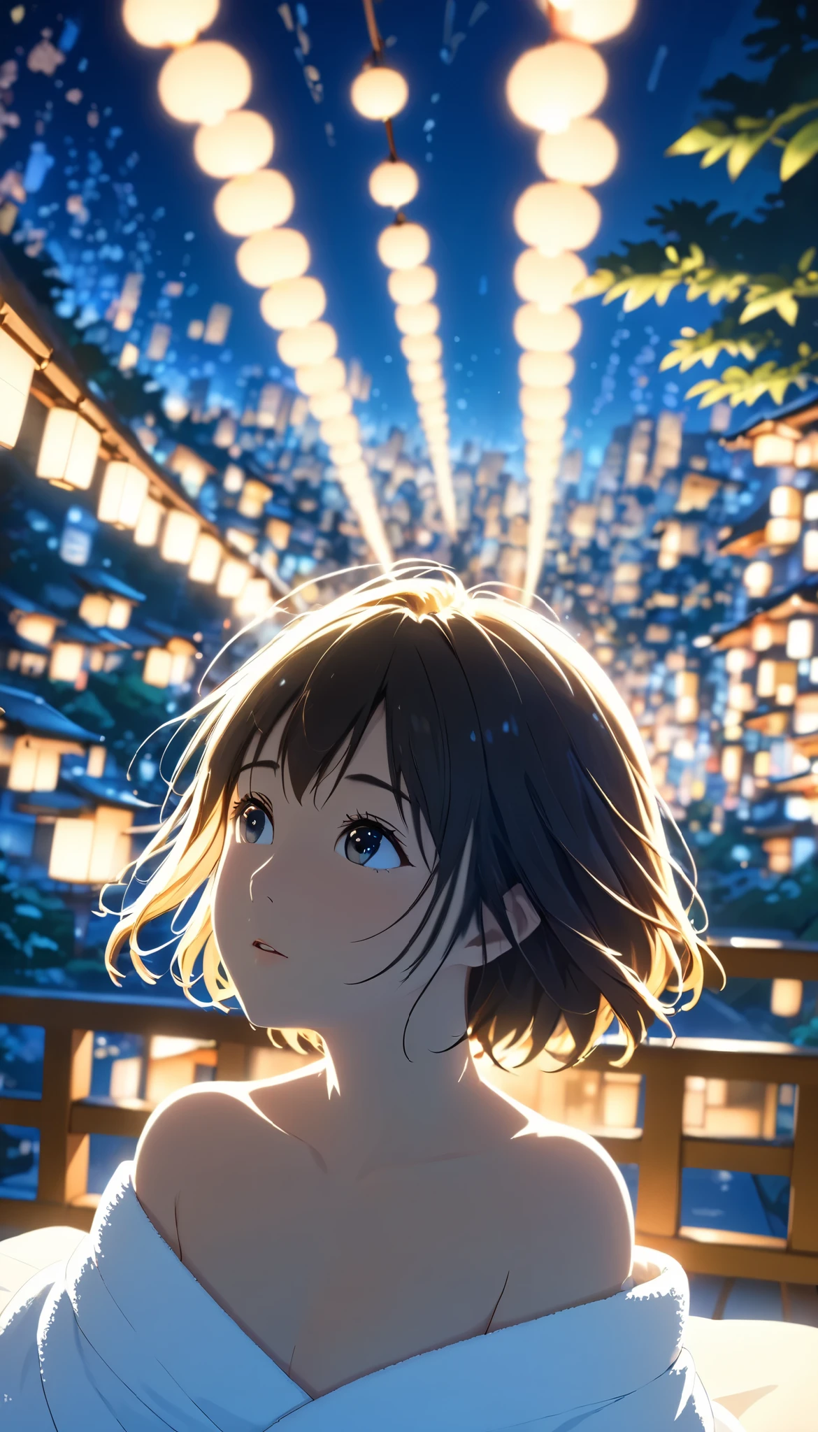 masterpiece, high res, illustration, Kyoto animation style, movie style: your name, night , mid night , Gentle Light, Fascinating Light, (1 female: 1.3), (Alone: 1.4), has long eyelashes, short bob, nose_, open_mouth, futon, nudity, , towel, Kirarhythm, dynamic perspective, perspective, Bokeh, Depth_of_Field, from_ Down