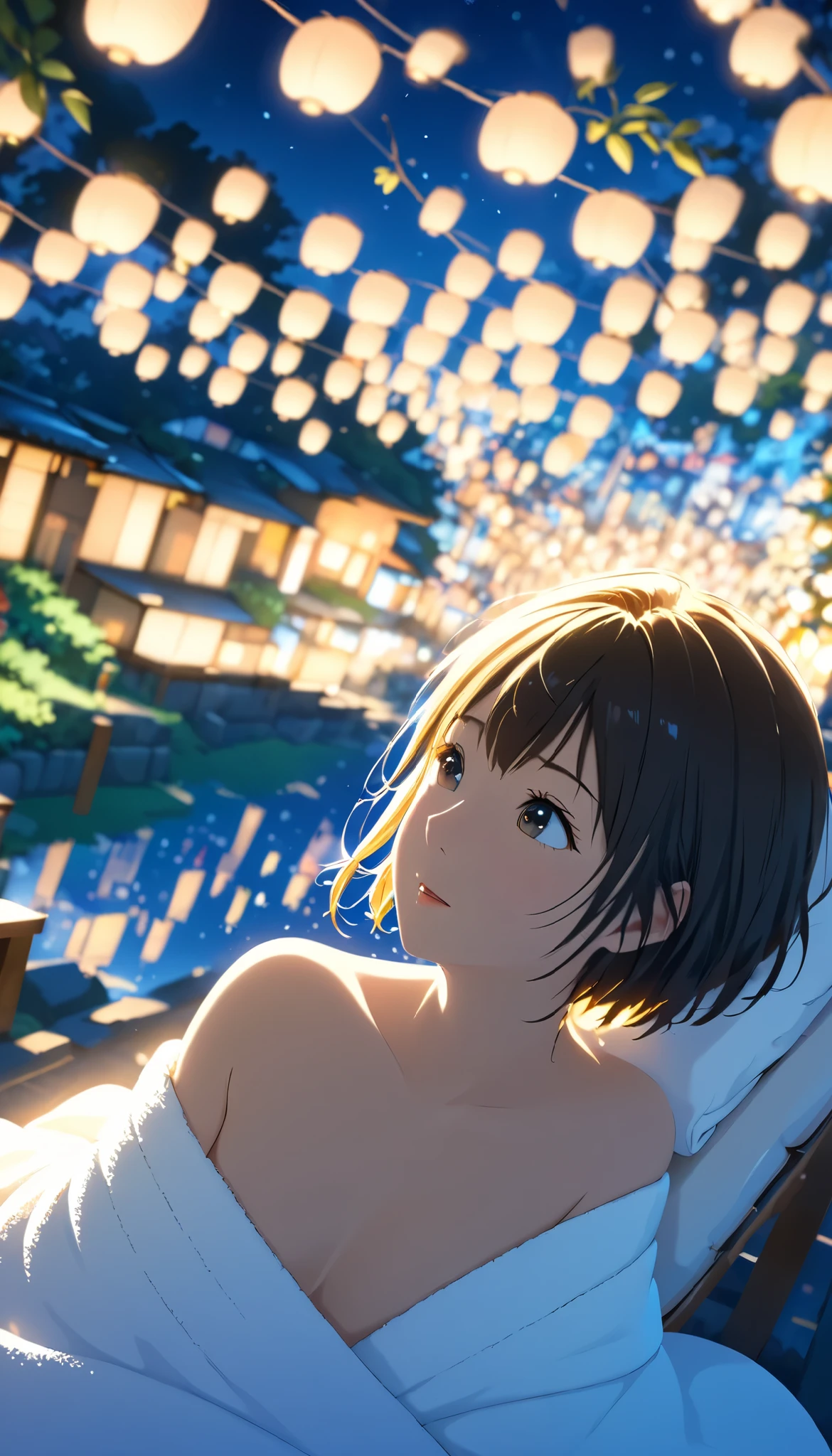 masterpiece, high res, illustration, Kyoto animation style, movie style: your name, night , mid night , Gentle Light, Fascinating Light, (1 female: 1.3), (Alone: 1.4), has long eyelashes, short bob, nose_, open_mouth, futon, nudity, , towel, Kirarhythm, dynamic perspective, perspective, Bokeh, Depth_of_Field, from_ Down