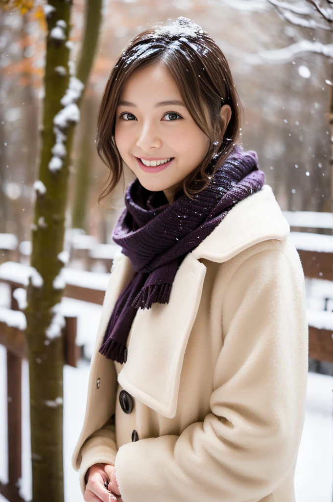 (Highest quality、masterpiece、8k、Best image quality、Hyperrealism、Award-winning works)、1 girl、(Elegant fur coat:1.1)、(The perfect pink scarf:1.1)、Soft and delicate light、Dramatic lighting、Romantic snowy night city、Romantic Christmas illuminations、Beautiful night view of a snowy city、The biggest smile looks at me、Sparkling fine snow、Beautiful snow reflecting light、Diamond dust、(Tyndall effect:1.1)、Beautiful snowy scenery、(that'it's snowing:1.1)、(Snow in the hair:1.1)、Accurate anatomy、(Face close-up:1.1)、Beautiful glossy lipstick, Natural Color、Natural Makeup、Glossy Lips、Ultra HD glossy skin、ultra high definition radiation, Beautiful Skin、Milky white moisturized skin、Beautiful Skin glow、超高精細のGlossy Lips、Ultra-high definition sparkling eyes、Beautiful perfect teeth in super high resolution、Please smile widely and show your beautiful teeth.