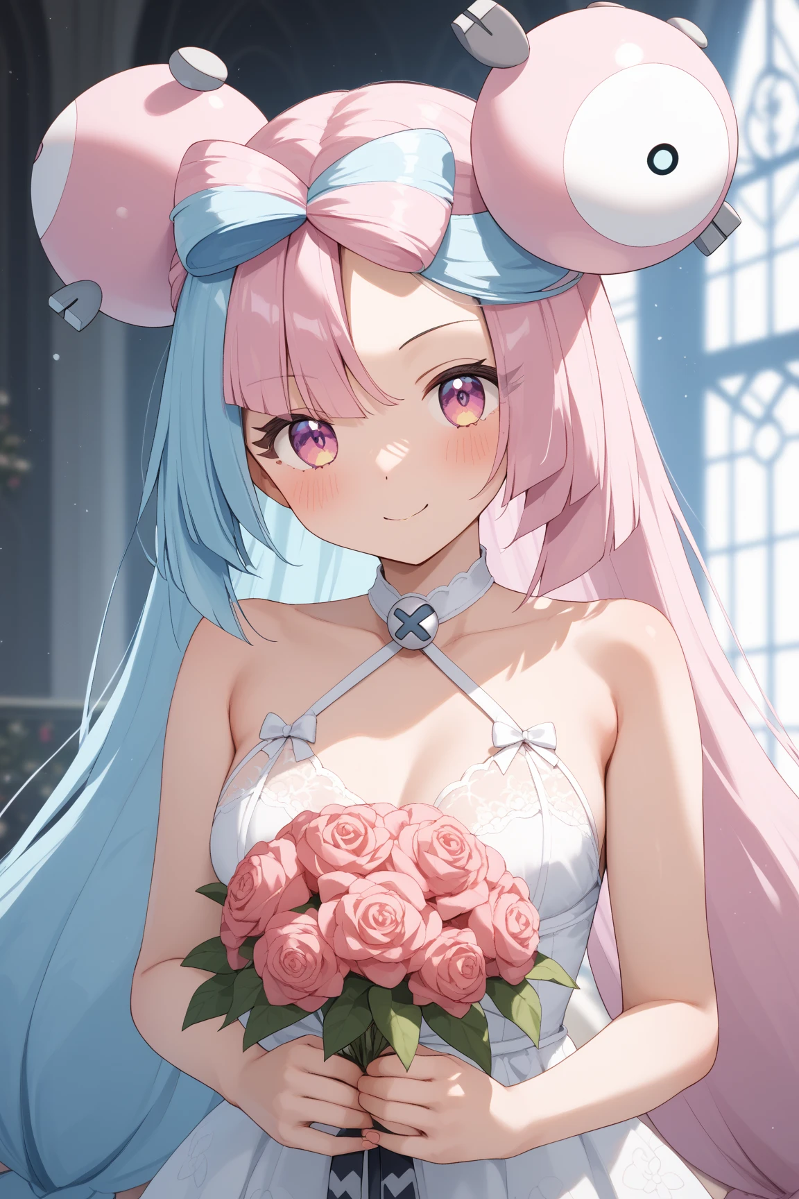 NSFW,masterpiece, top quality , high res, very detailed,Pokemon Iono、 blue hair、Bow-shaped hair、キャラクターの hair ornament、 hair ornament、 long hair、低く結んだ long hair、Multicolored Hair、 pink hair、 split color hair、 twin tails、 two-tone hair 、 pink eyes, Wedding Lingerie,bouquet,Wedding Venues,church