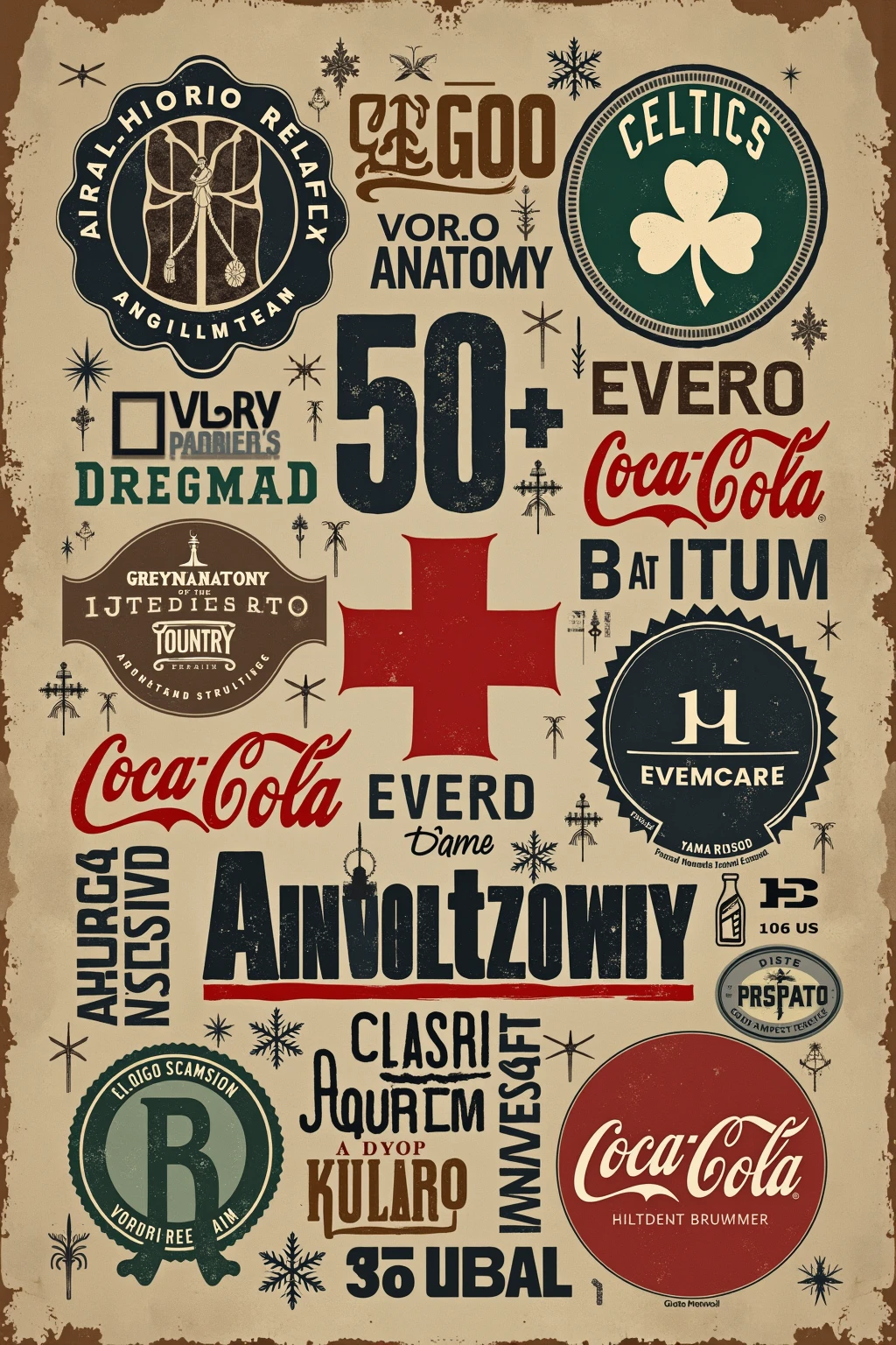 Greys famous logo , Glasgow celtics logo , cocacola , blue, 50 cent and eminem names . Make it look oldschool like the last one , make sure spelling is correct, spell correctly