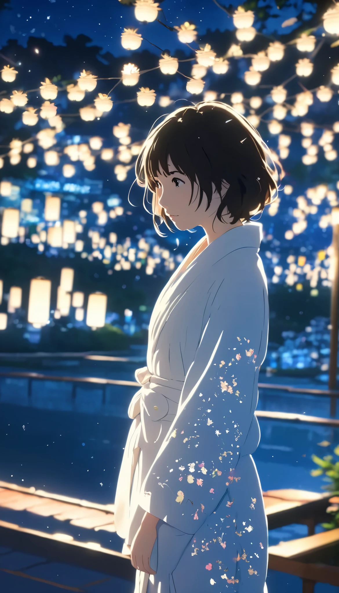 masterpiece, high res, illustration, Kyoto animation style, movie style: your name, night , mid night , Gentle Light, Fascinating Light, (1 female: 1.3), (Alone: 1.4), has long eyelashes, short bob, nose_, open_mouth, futon, nudity, , towel, Kirarhythm, dynamic perspective, perspective, Bokeh, Depth_of_Field, from_ Down