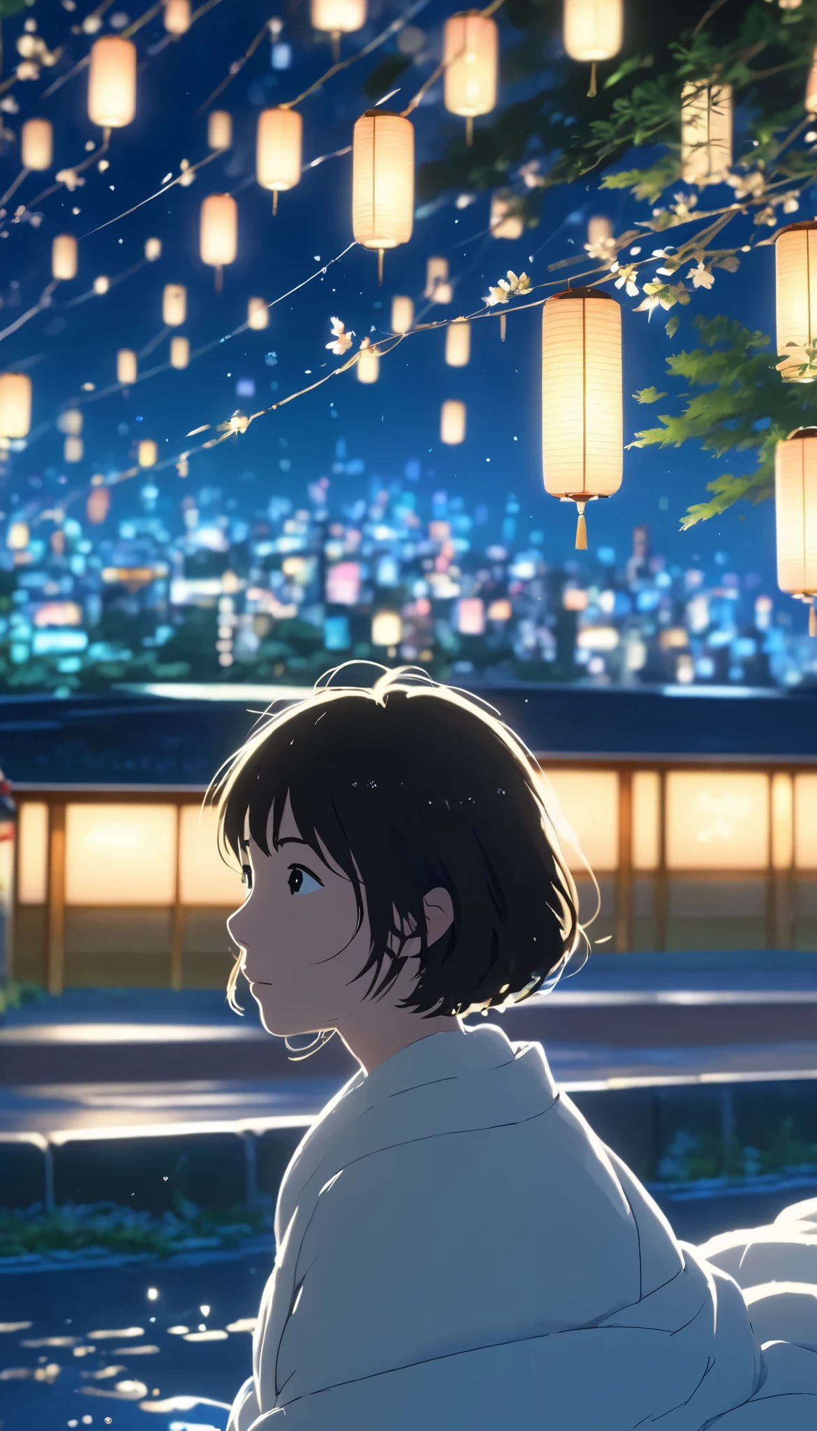 masterpiece, high res, illustration, Kyoto animation style, movie style: your name, night , mid night , Gentle Light, Fascinating Light, (1 female: 1.3), (Alone: 1.4), has long eyelashes, short bob, nose_, open_mouth, futon, nudity, , towel, Kirarhythm, dynamic perspective, perspective, Bokeh, Depth_of_Field, from_ Down