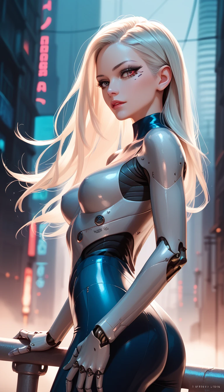 platinum blonde , robotic ruined city , Super Realistic, well detailed