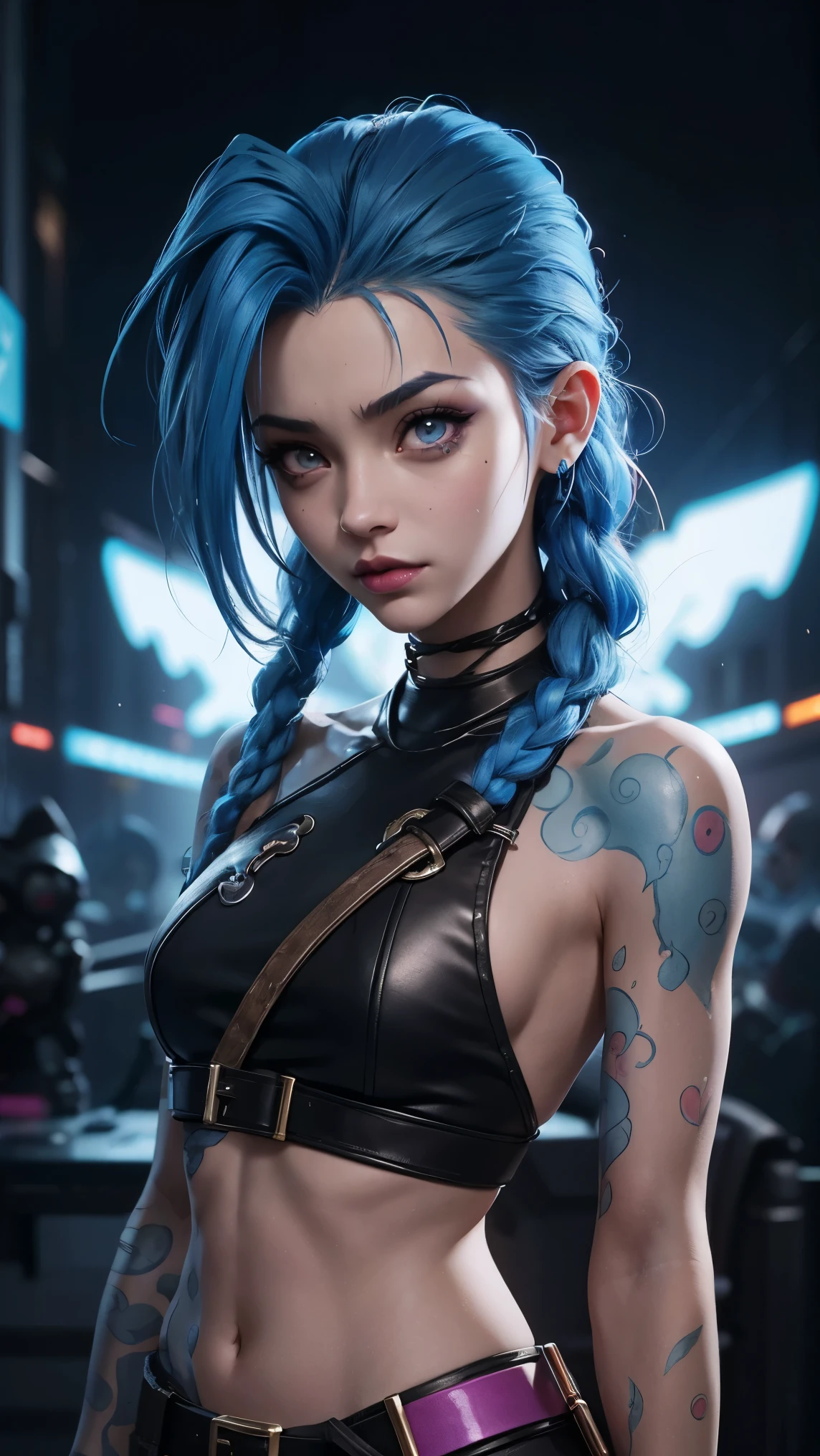 anime style, Jinx \(league of legends\), Valkyrie, Jinx is transforming her weapons and equipment, surrounded by various tools and mechanical parts. She was fully focused on her work, occasionally looking up at the camera with a smug smile, against the backdrop of a workshop filled with gears and machinery, best quality, masterpiece, intricate details, ultra-detailed