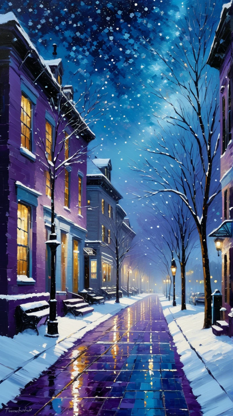  Thomas Kincaid style , winter,   cityscape , softly falling snowflakes,  starry sky on socks ,  icy blue tones,  deep purple ,  shades of silver , palette knife 