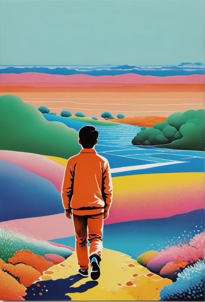 Neo-pop art risograph print, the main is walking through a colorful landscape, in the style of hicari shimoda, alex colvill, young british artists (ybas), sandy skoglund, realist detail, pensive stillness, ren's book illustrations – no mockup – style raw