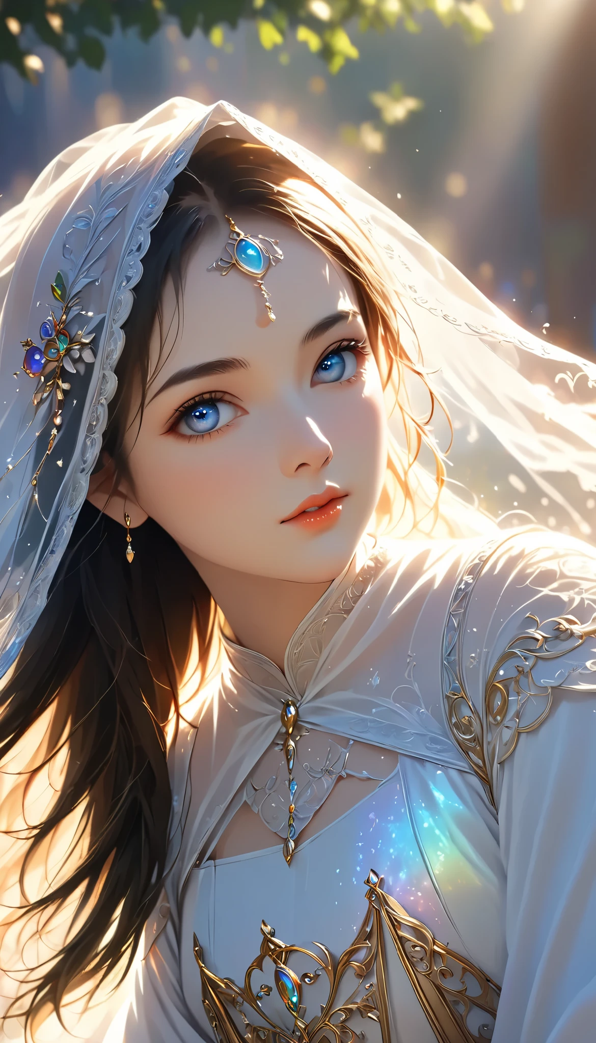 sakimichan style, WLOP Style,  portrait,  finely drawn face ,  beautiful women,   plump lips , Opaque Veil, Medieval Veil, Head rail, 12th century, Different Eyes, Rainbow Eyes,  Medieval clothing , Brot,  Lord of the Rings Gowns,  close to perfect ,  extra , Character Panorama, Clean and detailed face, Shining Shadow,  beautiful gradient,  depth of field , Beautiful graphics,  High Quality ,  high detail,   High Definition  ,  Luminous Studio Graphics Engine for Incredibly Perfect Pixel Art