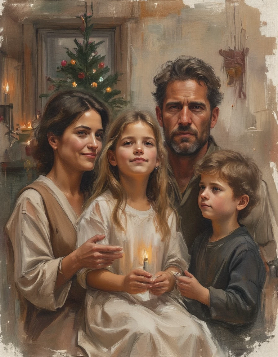 sketch painting, poor family in the 1800s celebrating Christmas in their house, mother, father and two ren, a boy and a girl, abstract, surreal oil painting, the brush strokes are visible, 