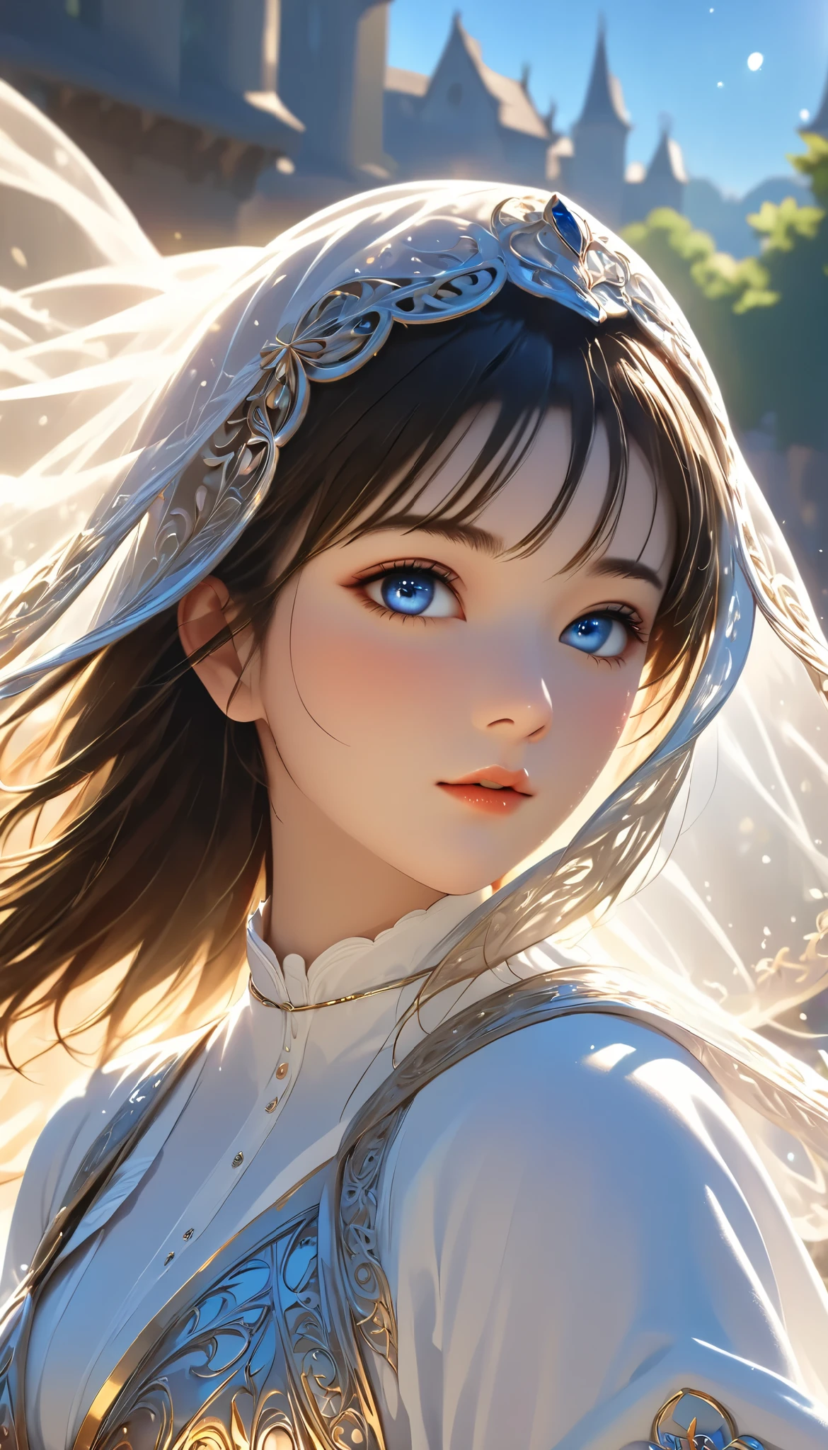 sakimichan style, WLOP Style,  portrait,  finely drawn face ,  beautiful women,   plump lips , Opaque Veil, Medieval Veil, Head rail, 12th century, Different Eyes, Rainbow Eyes,  Medieval clothing , Brot,  Lord of the Rings Gowns,  close to perfect ,  extra , Character Panorama, Clean and detailed face, Shining Shadow,  beautiful gradient,  depth of field , Beautiful graphics,  High Quality ,  high detail,   High Definition  ,  Luminous Studio Graphics Engine for Incredibly Perfect Pixel Art