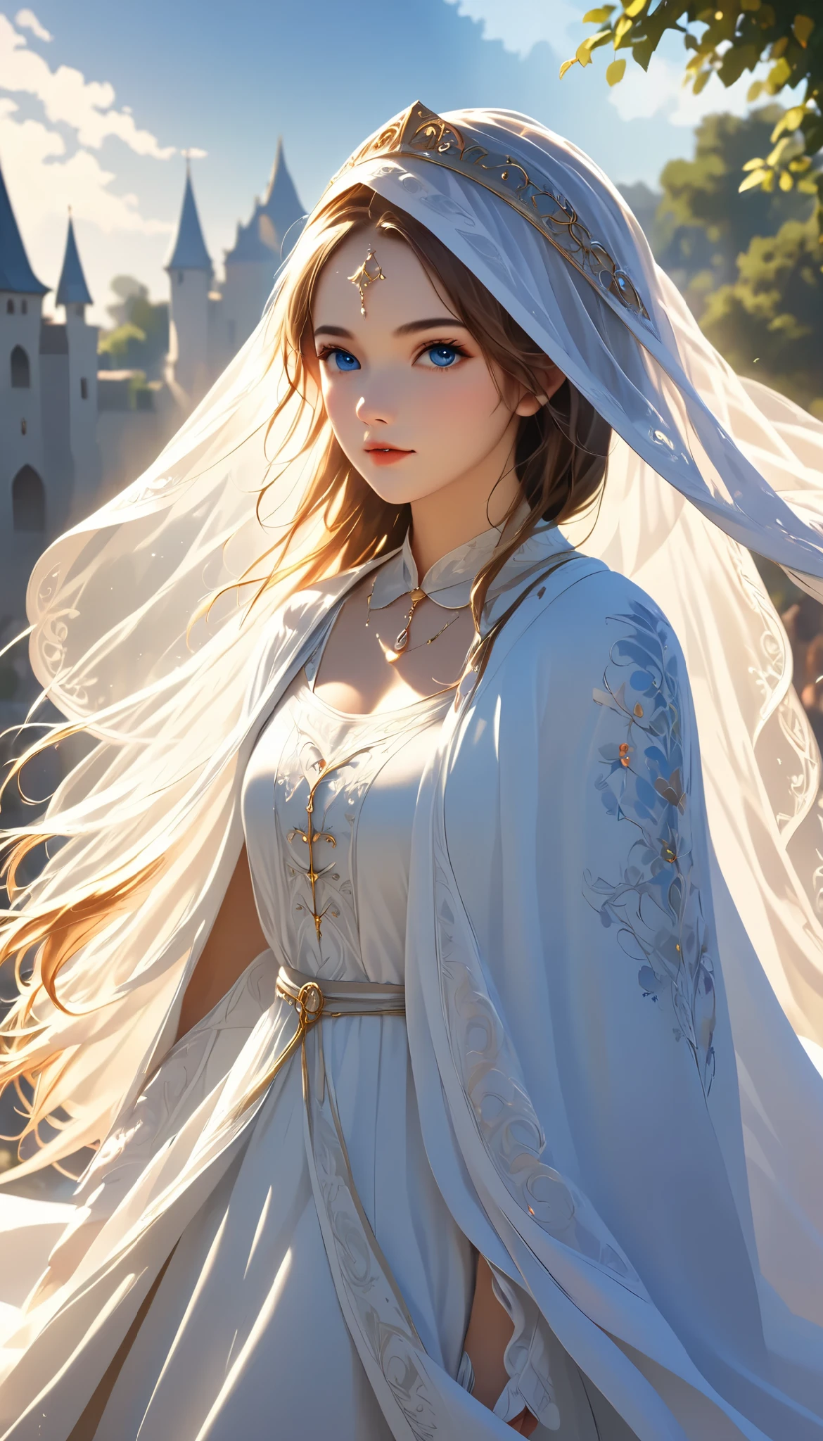 sakimichan style, WLOP Style,  portrait,  finely drawn face ,  beautiful women,   plump lips , Opaque Veil, Medieval Veil, Head rail, 12th century, Different Eyes, Rainbow Eyes,  Medieval clothing , Brot,  Lord of the Rings Gowns,  close to perfect ,  extra , Character Panorama, Clean and detailed face, Shining Shadow,  beautiful gradient,  depth of field , Beautiful graphics,  High Quality ,  high detail,   High Definition  ,  Luminous Studio Graphics Engine for Incredibly Perfect Pixel Art