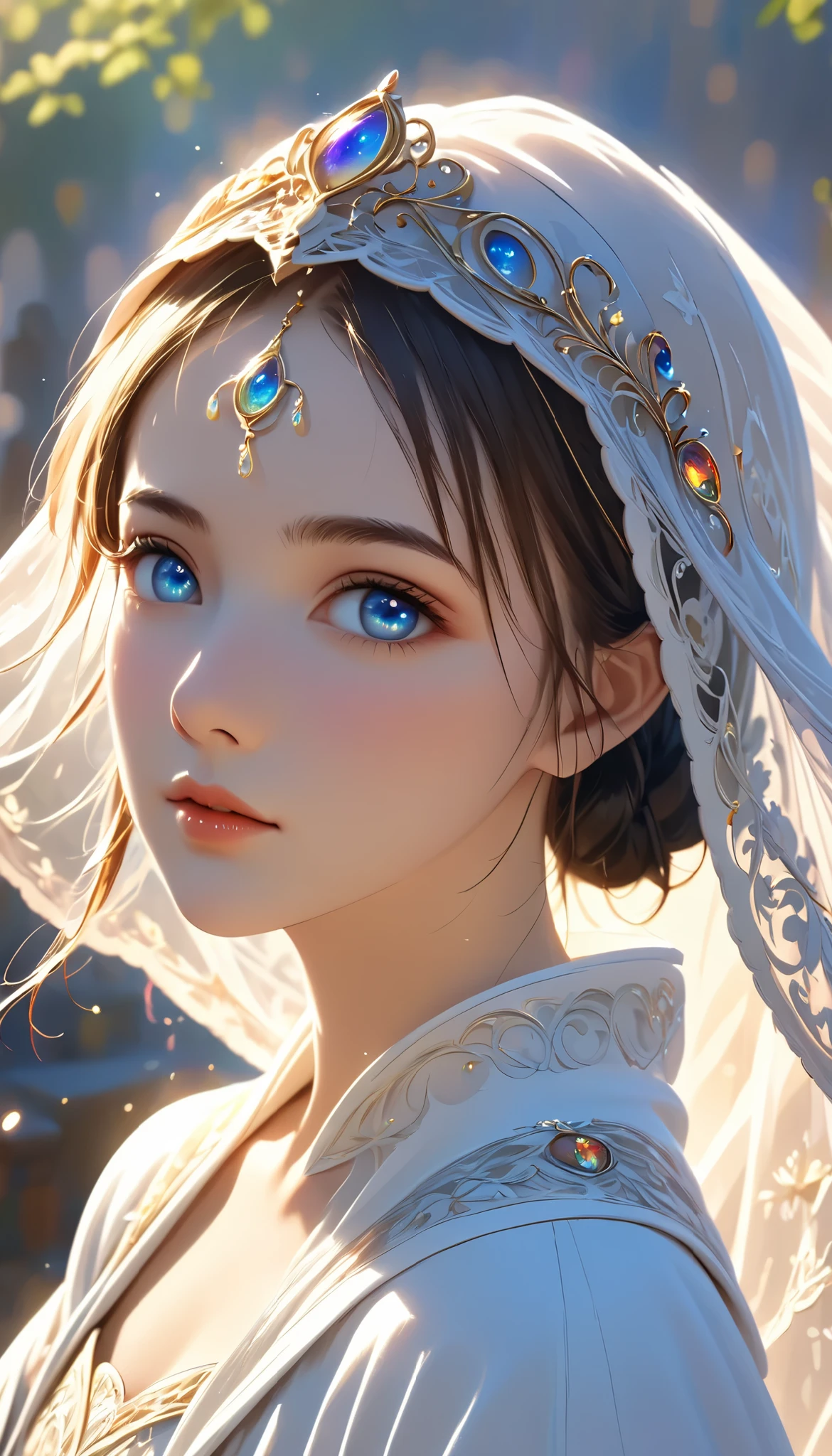 sakimichan style, WLOP Style,  portrait,  finely drawn face ,  beautiful women,   plump lips , Opaque Veil, Medieval Veil, Head rail, 12th century, Different Eyes, Rainbow Eyes,  Medieval clothing , Brot,  Lord of the Rings Gowns,  close to perfect ,  extra , Character Panorama, Clean and detailed face, Shining Shadow,  beautiful gradient,  depth of field , Beautiful graphics,  High Quality ,  high detail,   High Definition  ,  Luminous Studio Graphics Engine for Incredibly Perfect Pixel Art