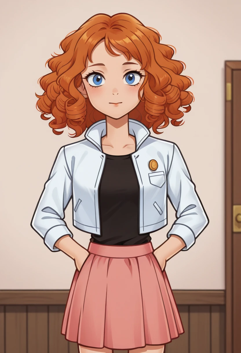 score_9,score_8_up,score_7_up BREAK melissaSDXL,1girl,blue eyes,shirt,jacket,short hai,rorange hair,black shirt,curly hair,white jacket,pink skirt,cowboy shot,room,room background,