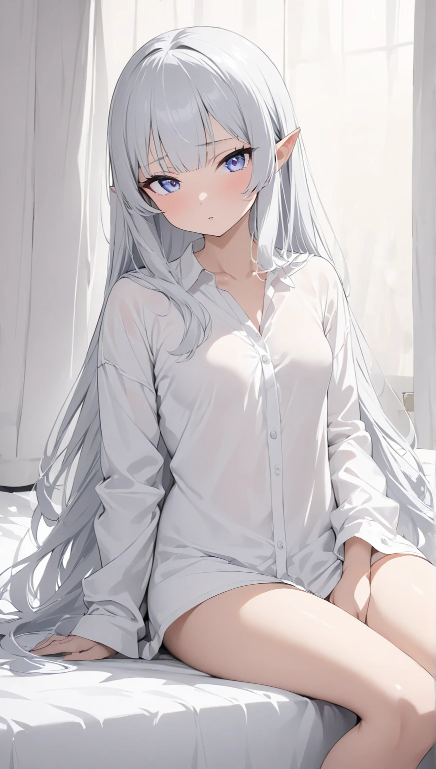 masterpiece, best quality, ultra detail, ultra sharpener, 8K, 1girl, young hirl, shiroko model, long hair, grey hair, bangs, blue eyes, (wearing white T - shirt and open pussy), bedroom, window, night city views