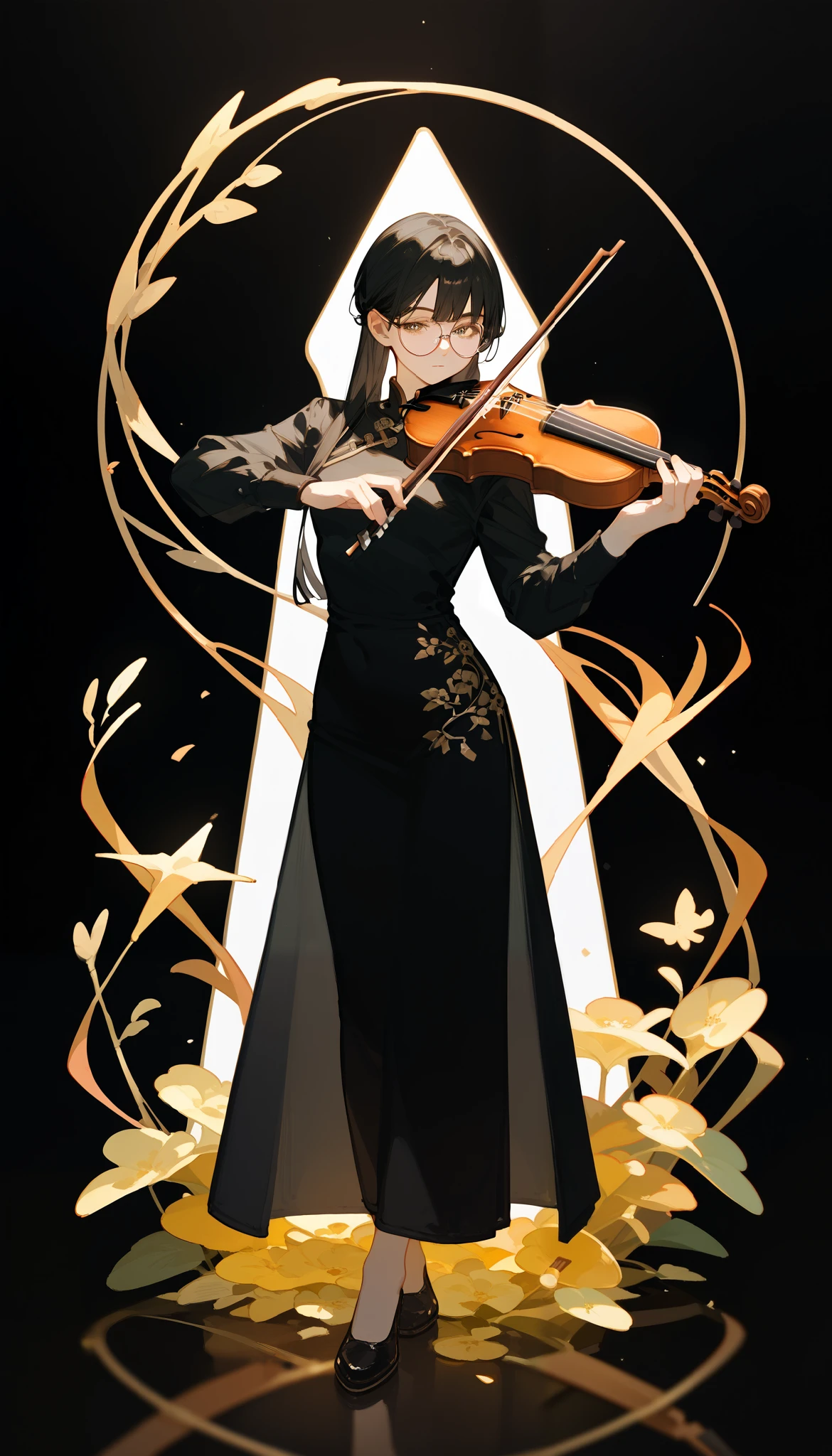 alone,girl,Black blonde hair,Bangs, ,Long hair,Black hair ends,Round glasses , in a golden bronze eye,Black hair ends,detective, Black Chinese Dress ,Like a violin ,,Full body photo, playing violin