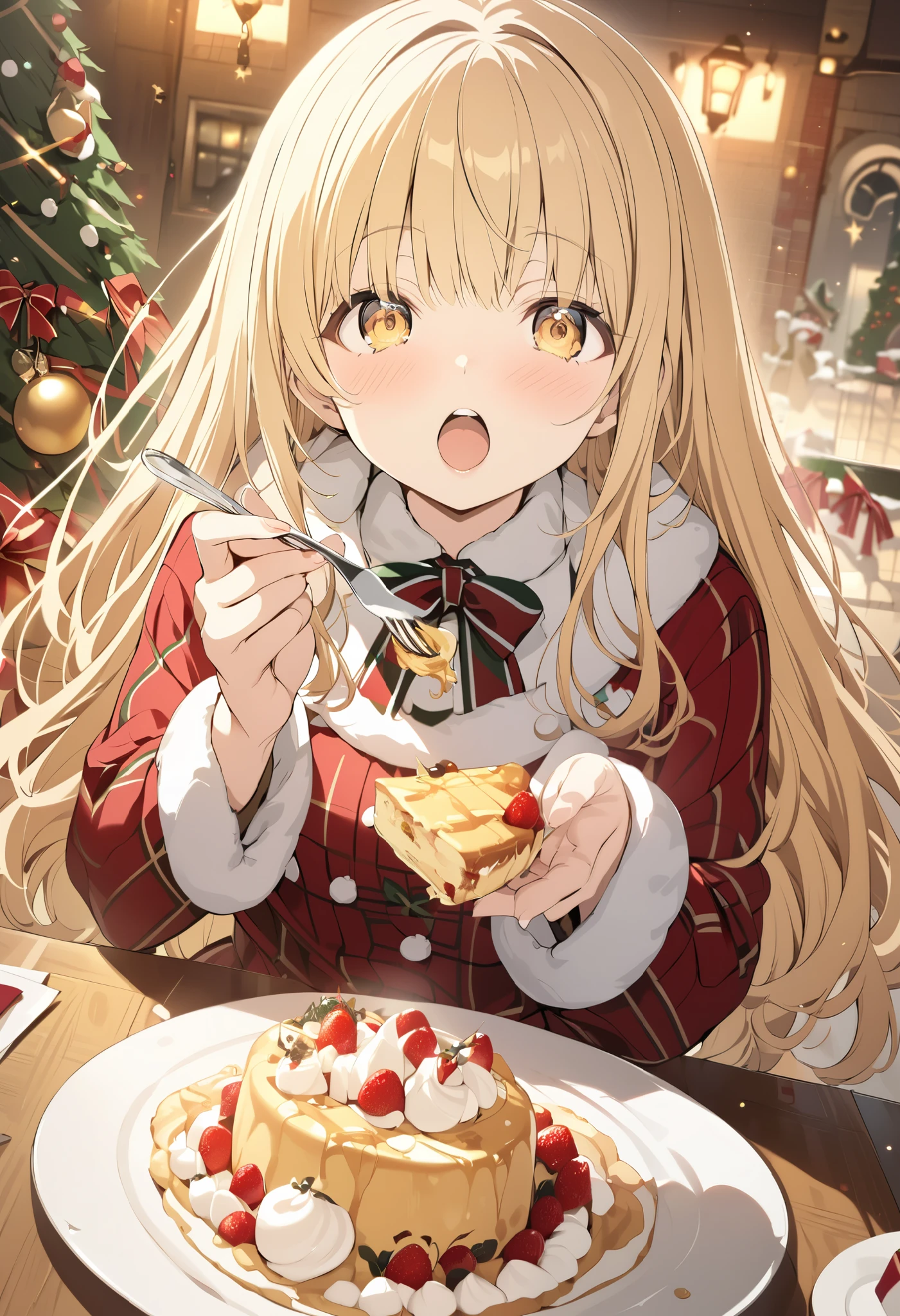 masterpiece, Official Art ,8k, masterpiece, top quality, very detailed, shiina mahiru ,yellow eyes, blonde hair,long hair,Christmas, medium breast,feeding, food, open mouth, incoming food, looking at viewer, holding fork, cake