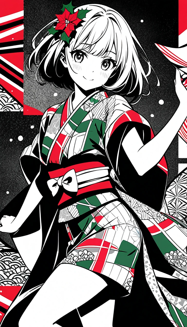 colorful kimono, artistic layout, The dynamic movement of a kimono, Monochrome people and background contrasted with colorful kimonos, Highlight the contrast between color and black and white, A cute Japanese girl in a Christmas cosplay wearing a remodeled kimono with active style, She is about to hand over a Christmas present her movement dynamic and lively emphasizing her detailed clothing and skin texture, The outfit is colorized while the rest of the image is in monochrome, The artwork is silhouette art style with a monochrome background to highlight the clothing