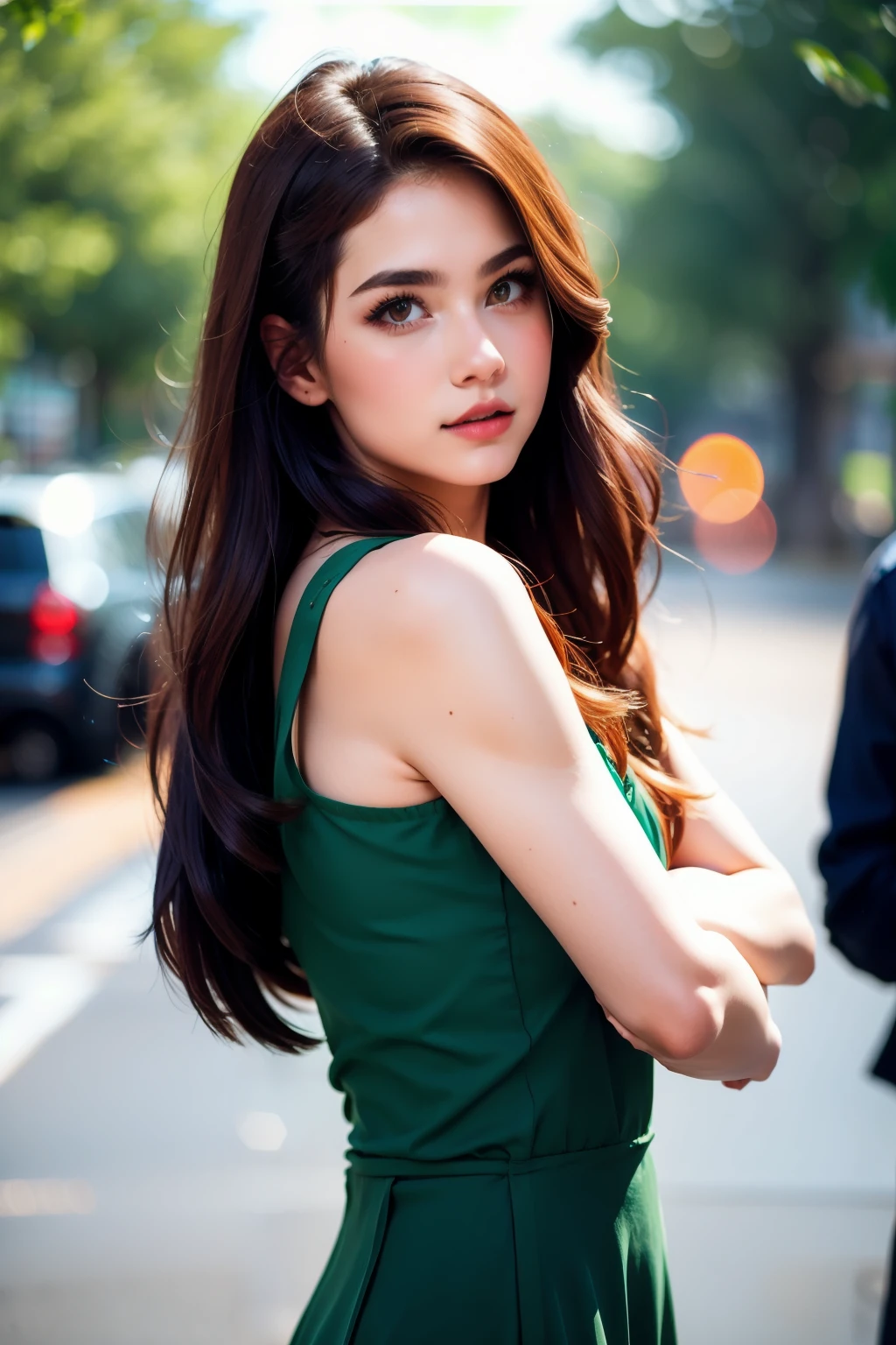 Best quality, masterpiece, ultra high res, (photorealistic), raw photo,1girl, skinny, upper body,solo, realistic, looking at viewer, long hair, bokeh background, city streets,brown eyes, bohemian dress,   