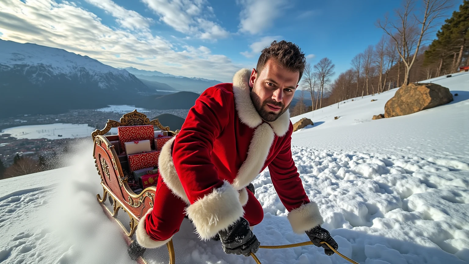 Generate a hyperrealistic cinematic shot of a Santa figure racing down the Pyrenees mountains:

Main Subject:
- Handsome man (30s) with perfectly groomed beard and authentic Santa suit
- Premium quality red velvet coat with real fur trim
- Wind-swept hair and clothing showing dynamic motion
- Determined expression with slight smile
- Frost on beard and eyebrows
- Professional climbing gear visible under costume
- Leather gloves gripping ornate sleigh reins

Sleigh Details:
- Traditional wooden sleigh with modern reinforced runners
- Ornate carved details with bronze fittings
- Packed with wrapped presents in various sizes
- Gifts secured with golden ropes
- Snow spraying from runners
- Motion blur suggesting high speed
- Ice crystals forming on leading edges

Environment:
- Majestic Pyrenees peaks in background
- Late afternoon golden light on snow
- Deep powder snow creating dramatic spray
- Visible ski tracks in fresh snow
- "Bones Festes!" carved deeply in foreground snow
- Distant villages with twinkling lights
- Natural rock formations visible through snow

Cinematography:
- Shot on virtual IMAX camera
- Low tracking angle emphasizing speed
- Anamorphic lens flares
- Motion blur in snow spray
- Crisp focus on Santa's face
- Atmospheric depth in mountain range
- Professional color grading
- High dynamic range

Lighting:
- Golden hour key light
- Snow reflection fill light
- Rim light on Santa's silhouette
- God rays through mountain peaks
- Realistic snow particle lighting
- Natural shadow detail in snow texture