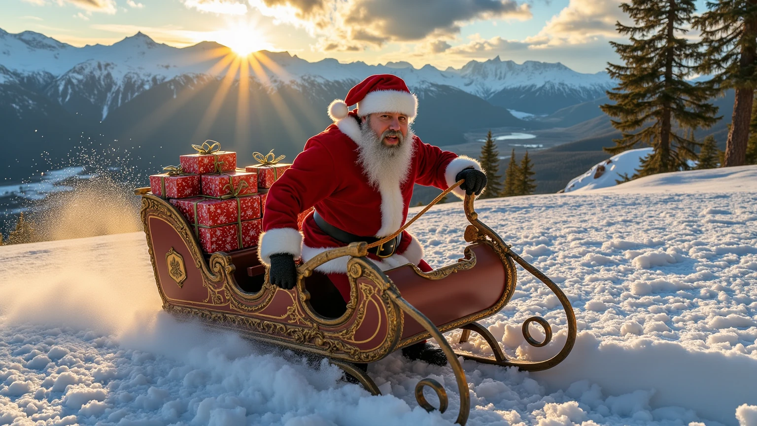 Generate a hyperrealistic cinematic shot of a Santa figure racing down the Pyrenees mountains:

Main Subject:
- Handsome man (30s) with perfectly groomed beard and authentic Santa suit
- Premium quality red velvet coat with real fur trim
- Wind-swept hair and clothing showing dynamic motion
- Determined expression with slight smile
- Frost on beard and eyebrows
- Professional climbing gear visible under costume
- Leather gloves gripping ornate sleigh reins

Sleigh Details:
- Traditional wooden sleigh with modern reinforced runners
- Ornate carved details with bronze fittings
- Packed with wrapped presents in various sizes
- Gifts secured with golden ropes
- Snow spraying from runners
- Motion blur suggesting high speed
- Ice crystals forming on leading edges

Environment:
- Majestic Pyrenees peaks in background
- Late afternoon golden light on snow
- Deep powder snow creating dramatic spray
- Visible ski tracks in fresh snow
- "Bones Festes!" carved deeply in foreground snow
- Distant villages with twinkling lights
- Natural rock formations visible through snow

Cinematography:
- Shot on virtual IMAX camera
- Low tracking angle emphasizing speed
- Anamorphic lens flares
- Motion blur in snow spray
- Crisp focus on Santa's face
- Atmospheric depth in mountain range
- Professional color grading
- High dynamic range

Lighting:
- Golden hour key light
- Snow reflection fill light
- Rim light on Santa's silhouette
- God rays through mountain peaks
- Realistic snow particle lighting
- Natural shadow detail in snow texture