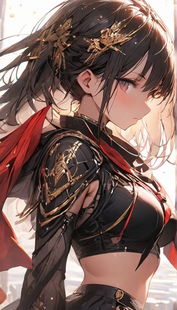 ((best quality)), ((masterpiece)), (detailed), perfect face, Highly detailed face, detailed eyes, (looking at viewer:1.2), (brown hair), bangs, ((hair over shoulder)), floating hair, raccoon ears, black armor worn by medieval Western knights, the shiny design, the toned waist, the fantasy novels, the powerful gaze, ((she holds a long, huge sword that shines red)), , grip the sword, hold the sword, fantasy art, Goldsmith Armor, burning ruins, forehead protector, 