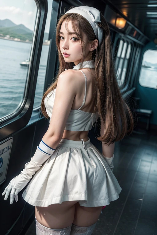 ((best quality)), ((masterpiece)), ((1girl)), solo, Ferry, ((long hair)), FerryBase, ((thighhighs)), bare shoulders, ((jewelry)), ((sleeveless)), white dress, blue skirt, ((gloves)), thigh-high, from behind.